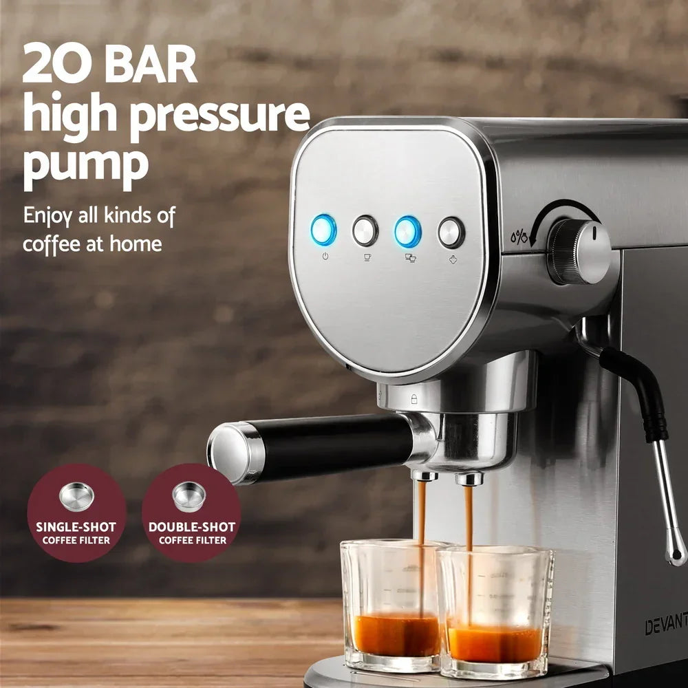 Stainless steel espresso machine with 20 bar pressure brewing two cups of coffee on a kitchen counter.