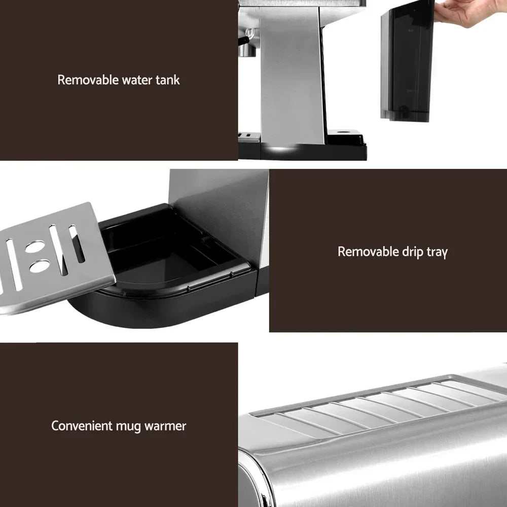 Stainless steel coffee machine showing removable water tank, drip tray, and mug warmer features.