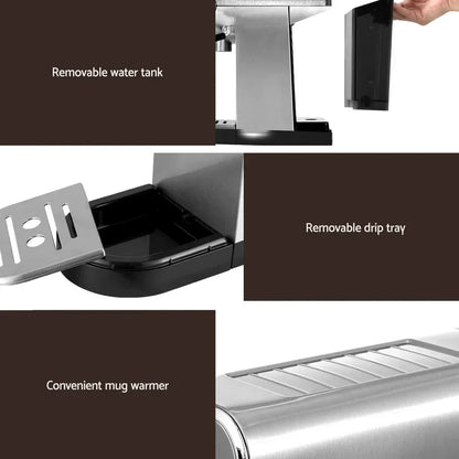 Stainless steel coffee machine showing removable water tank, drip tray, and mug warmer features.