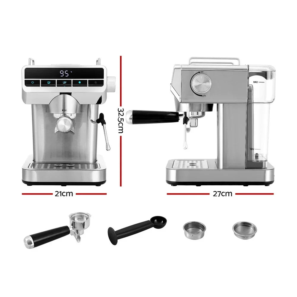 Silver espresso coffee machine with digital display, accessories, and visible size dimensions