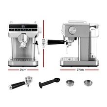 Silver espresso coffee machine with digital display, accessories, and visible size dimensions