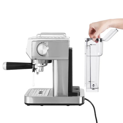 Stainless steel espresso coffee machine with removable water tank, side view