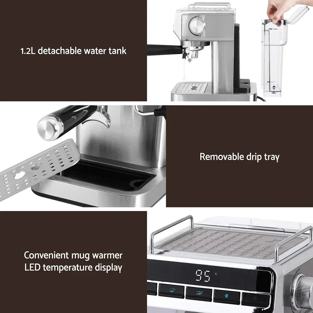 Silver espresso coffee machine with 1.2L detachable water tank, removable drip tray, LED display.
