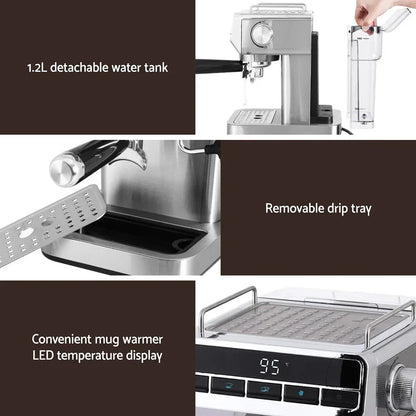 Silver espresso coffee machine with 1.2L detachable water tank, removable drip tray, LED display.