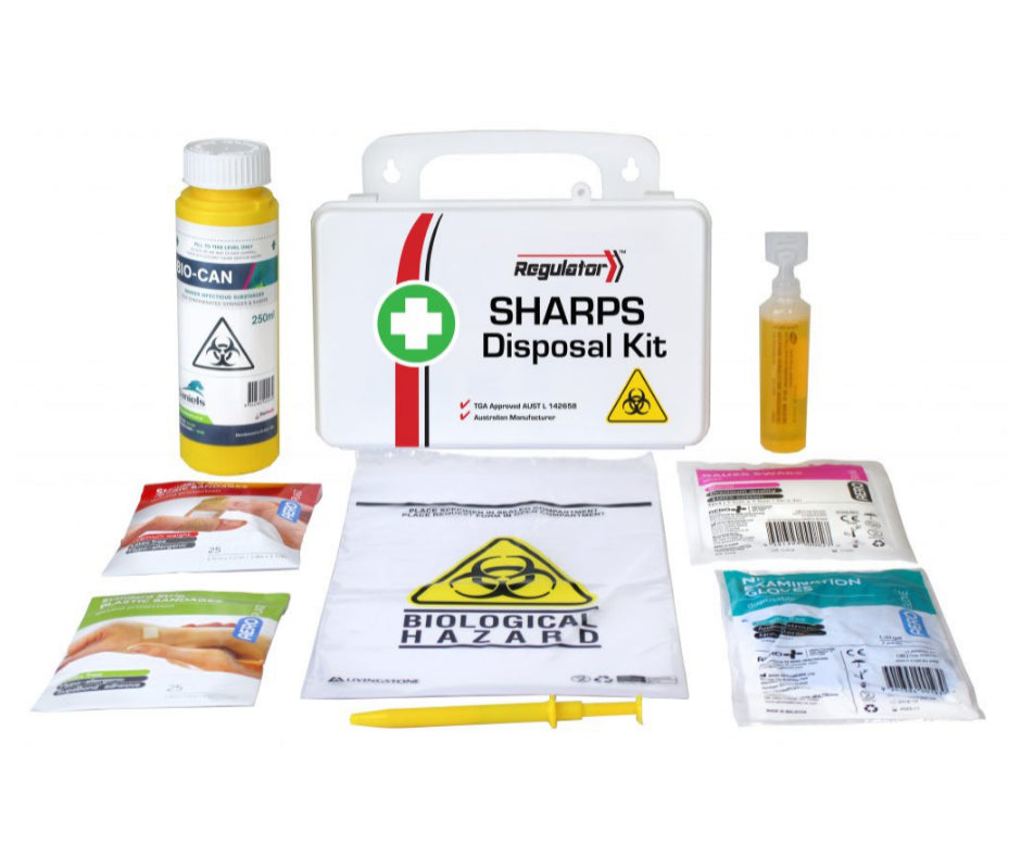 REGULATOR Sharps Disposal Kit in a small white waterproof plastic case, 21 x 13 x 7.5cm