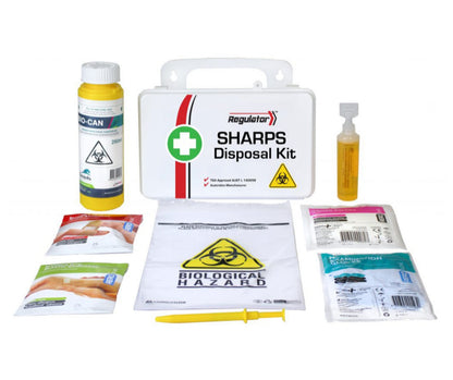REGULATOR Sharps Disposal Kit in a small white waterproof plastic case, 21 x 13 x 7.5cm