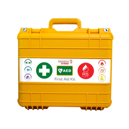 Rugged waterproof first aid case, 43 x 38 x 15.4 cm, holding six colour-coded clearly labelled first aid modules