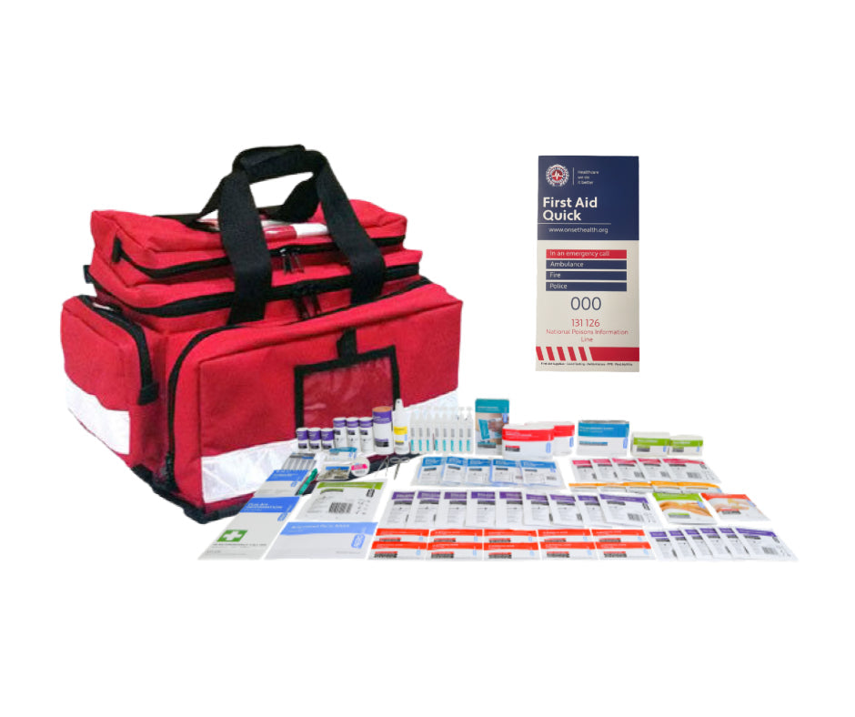 National Workplace First Aid Kit with 175 pieces in a heavy duty red softpack trauma bag