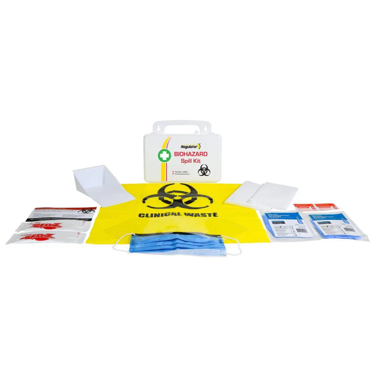 Biohazard plastic spill kit for body fluid clean up in a white waterproof case, 13 x 21 x 7.5cm
