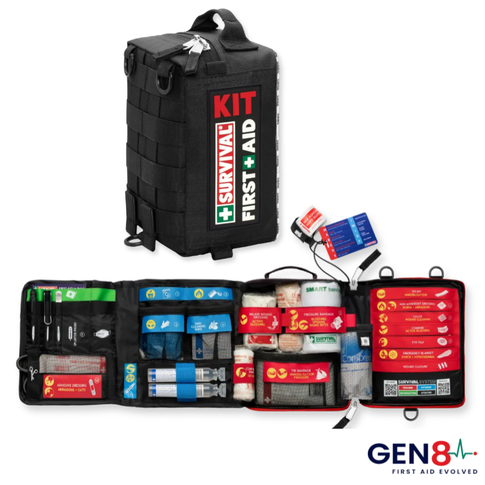 SURVIVAL Vehicle First Aid Kit Gen 8 in a water resistant case with luminous piping