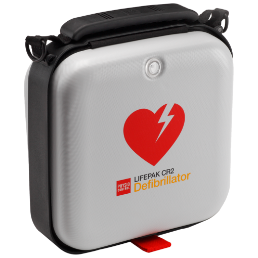 Portable white defibrillator case with red heart and lightning bolt design
