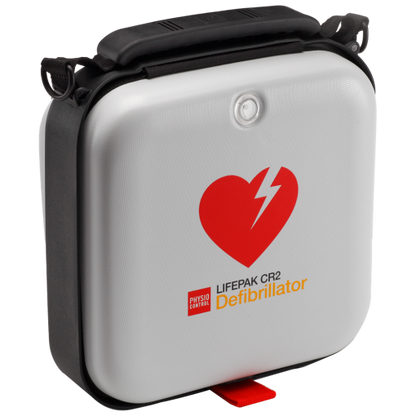 Portable white defibrillator case with red heart and lightning bolt design