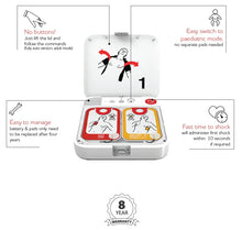 Automatic external defibrillator with easy switch to pediatric mode, fast shock time, and clear instructions