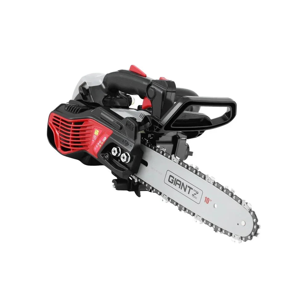 Red and black 10-inch GIANTZ petrol chainsaw with ergonomic handle on white background