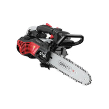 Red and black 10-inch GIANTZ petrol chainsaw with ergonomic handle on white background