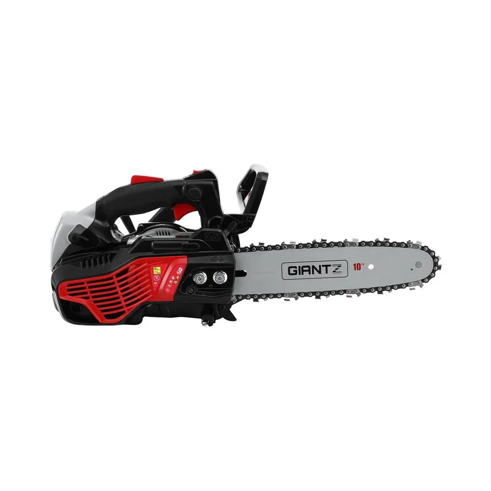 10-inch petrol chainsaw with black and red handle, side profile view