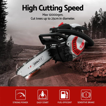 Red and black petrol chainsaw with 10-inch blade, high cutting speed, and ergonomic handle, shown on a log pile background.
