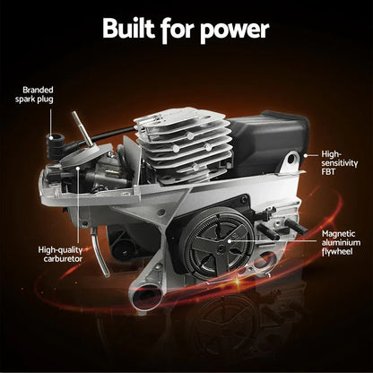 Detailed view of a small engine showing branded spark plug, carburetor, FBT, and aluminum flywheel.
