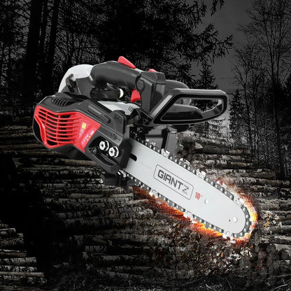 Gas chainsaw with red and black body, 10-inch blade cutting logs in forest setting