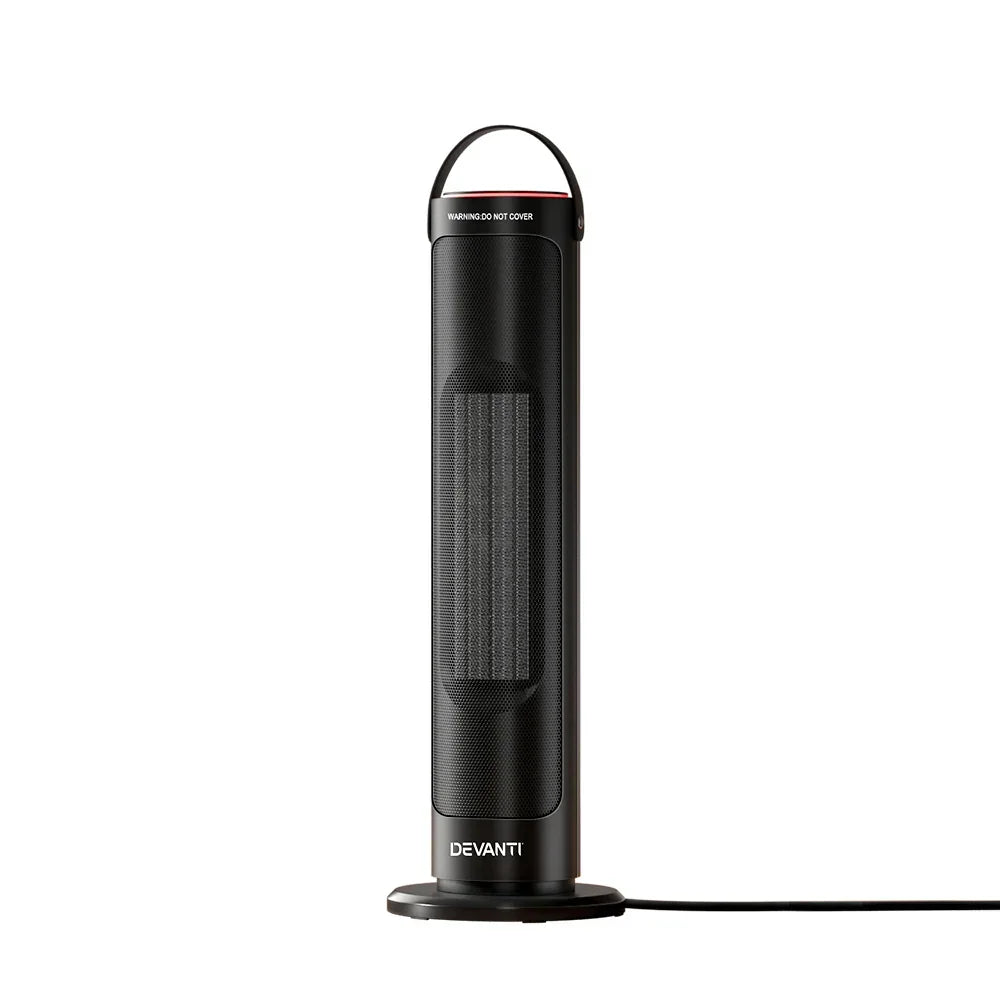 Black tower heater with digital display, mesh front panel, and base, power cord attached