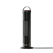 Black tower heater with digital display, mesh front panel, and base, power cord attached