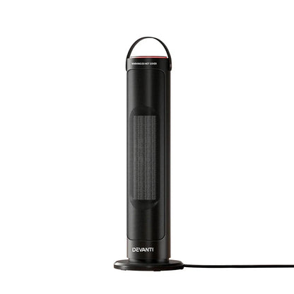 Black tower heater with digital display, mesh front panel, and base, power cord attached
