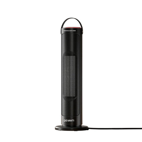 Black tower heater with digital display, mesh front panel, and base, power cord attached