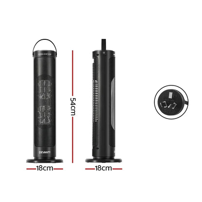 Black electric tower heater, 54cm tall, 18cm wide, Australian power plug visible.