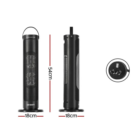 Black electric tower heater, 54cm tall, 18cm wide, Australian power plug visible.