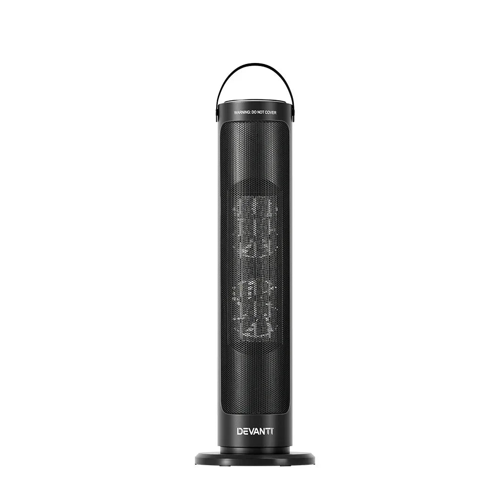 Black tower electric heater with mesh front, carry handle, and circular base, Devanti brand