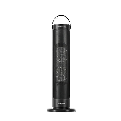 Black tower electric heater with mesh front, carry handle, and circular base, Devanti brand
