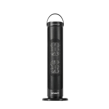 Black tower electric heater with mesh front, carry handle, and circular base, Devanti brand