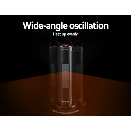 Oscillating tower heater with digital display, wide-angle heat distribution, and black body.