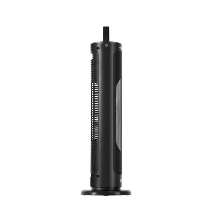 Black tower fan with mesh grille and carrying handle, standing on round base