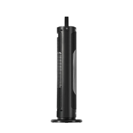Black tower fan with mesh grille and carrying handle, standing on round base