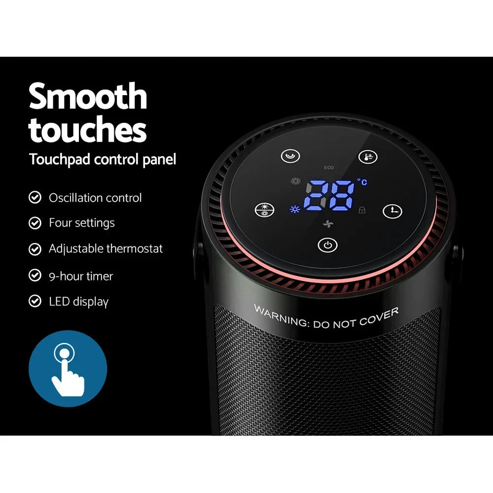 Black tower heater with LED touchpad control panel, temperature display, and timer settings
