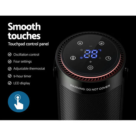 Black tower heater with LED touchpad control panel, temperature display, and timer settings