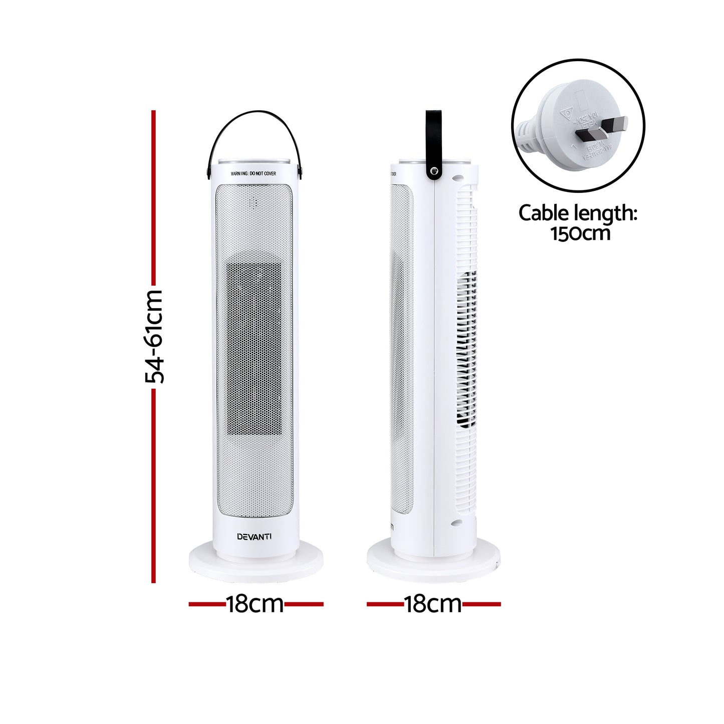 White tower heater with handle, 54-61cm height, 18cm base, 150cm power cord, front and side view