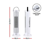 White tower heater with handle, 54-61cm height, 18cm base, 150cm power cord, front and side view