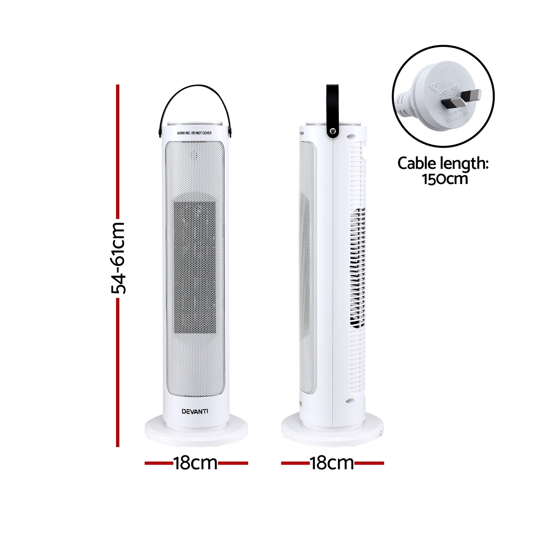 White tower heater with handle, 54-61cm height, 18cm base, 150cm power cord, front and side view