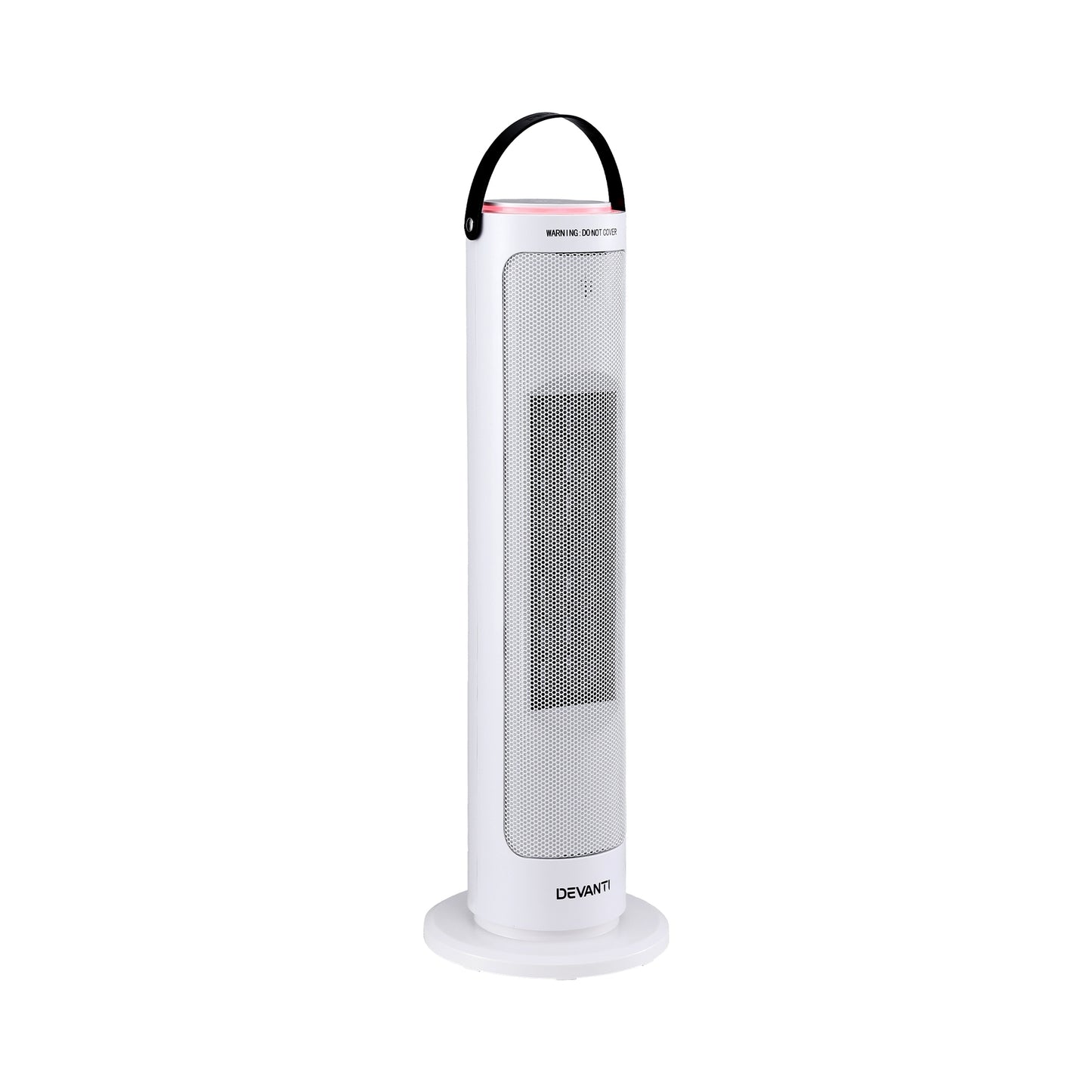White tower heater with handle, modern design, freestanding electric home appliance