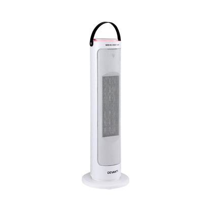 White tower heater with handle, modern design, freestanding electric home appliance