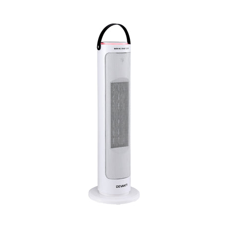 White tower heater with handle, modern design, freestanding electric home appliance