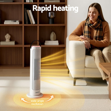 Tower heater providing rapid heating with wide-angle oscillation in a cozy living room.