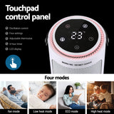 Electric heater with touchpad control panel, LED display, and four heating modes, including fan, low heat, ECO, and high heat.