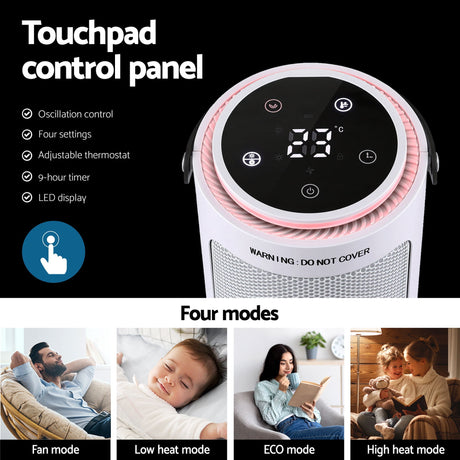 Electric heater with touchpad control panel, LED display, and four heating modes, including fan, low heat, ECO, and high heat.