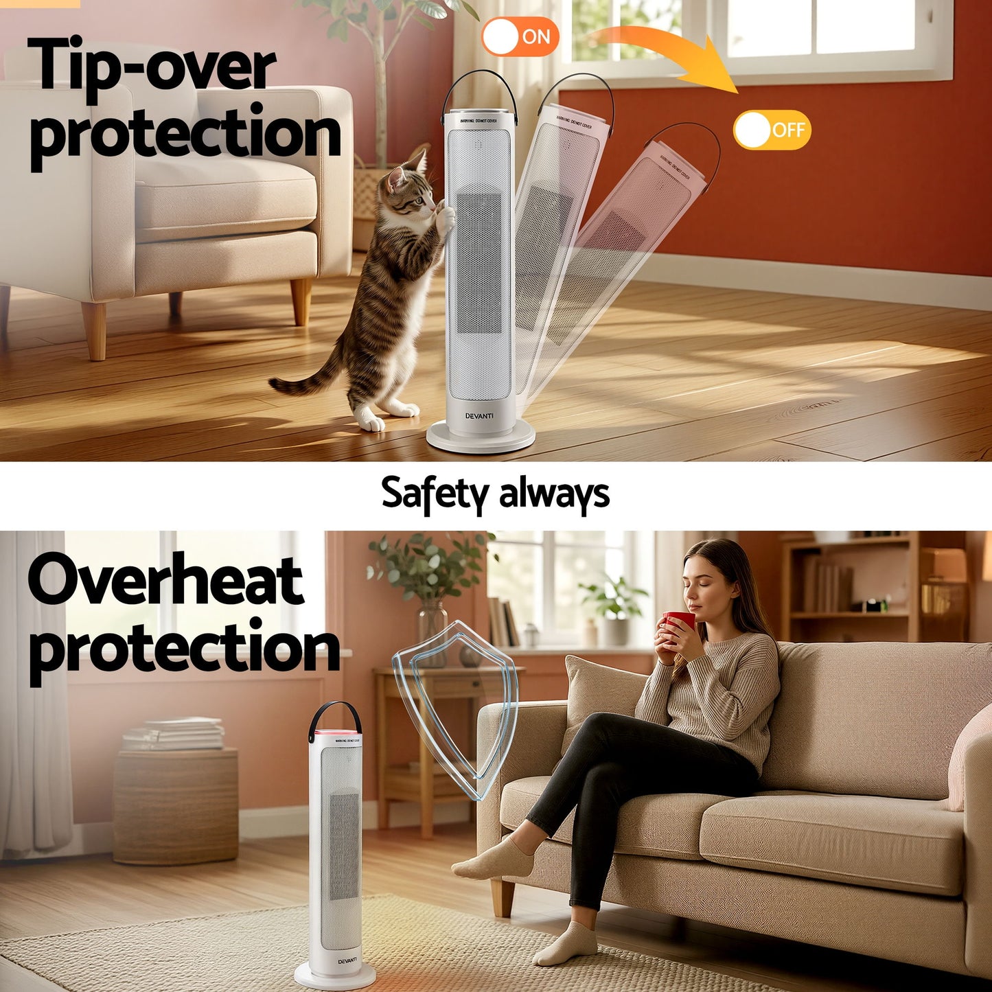 White tower heater with tip-over and overheat protection features shown in living room setting.