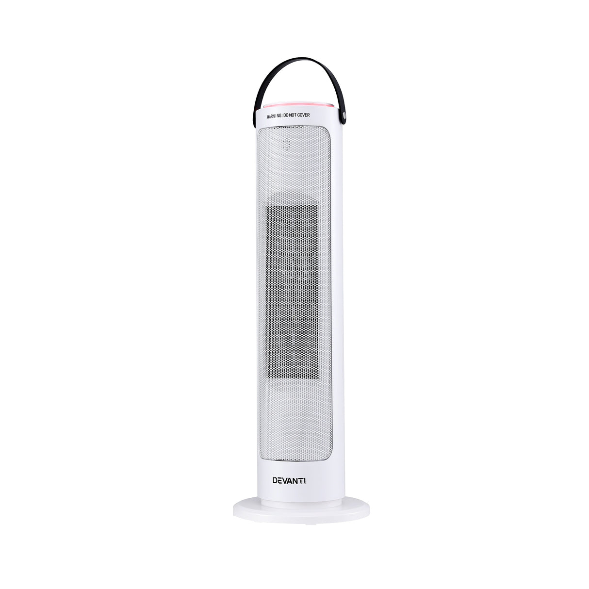 White tower heater with mesh front panel and carry handle, modern home appliance