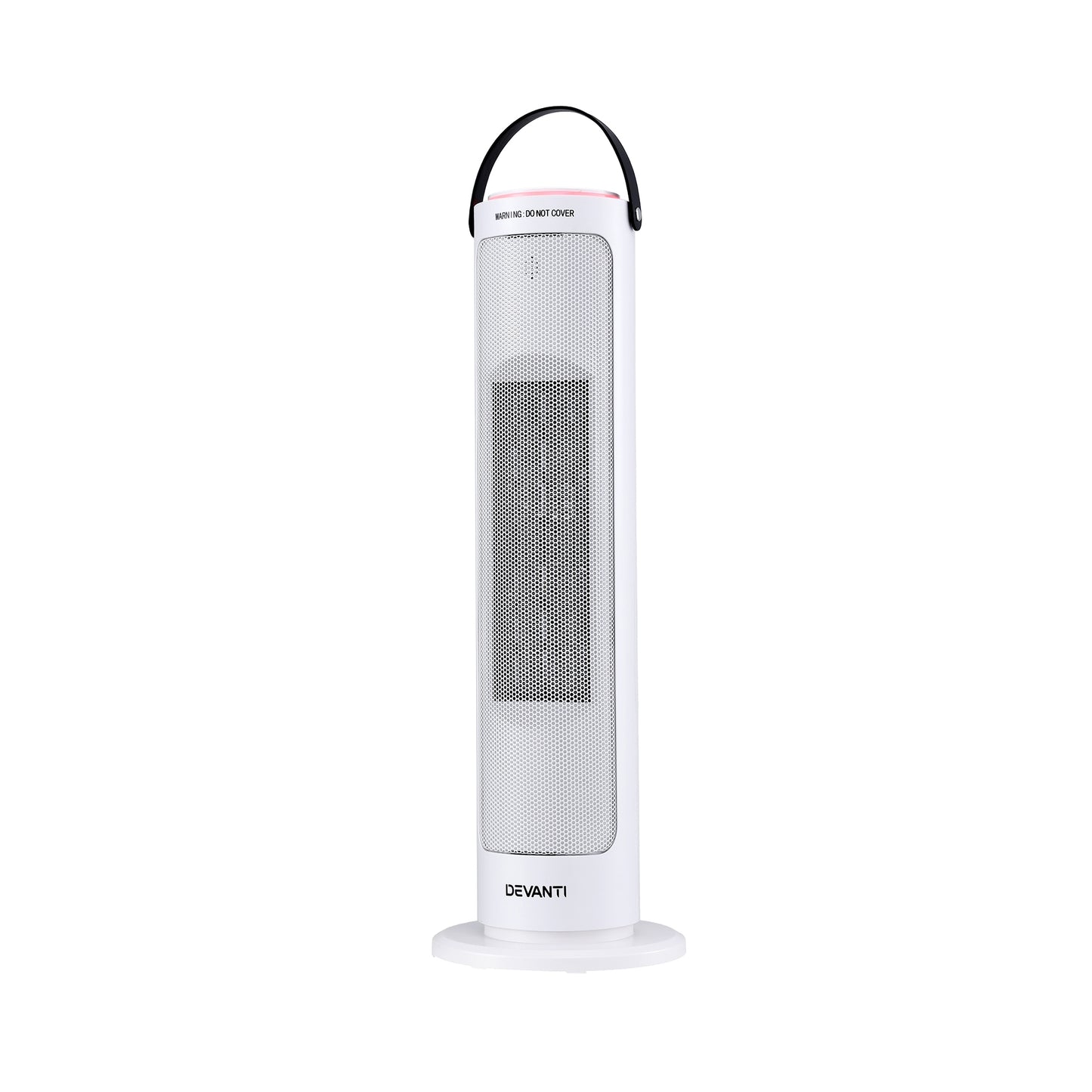 White tower heater with mesh front panel and carry handle, modern home appliance