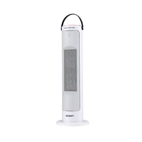 White tower heater with mesh front panel and carry handle, modern home appliance